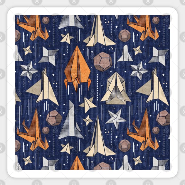 Reaching for the stars // pattern // navy blue background ivory grey brown and orange origami paper asteroids stars and space ships traveling light speed Sticker by SelmaCardoso